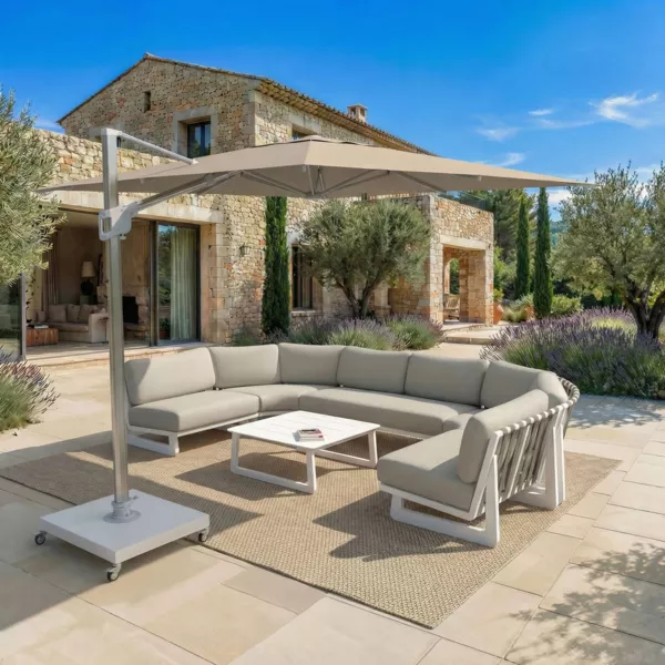 Parasol d�port� rectangulaire aluminium avec socle (3 x 4 m) Elyra M�tallis� brillant et Taupe