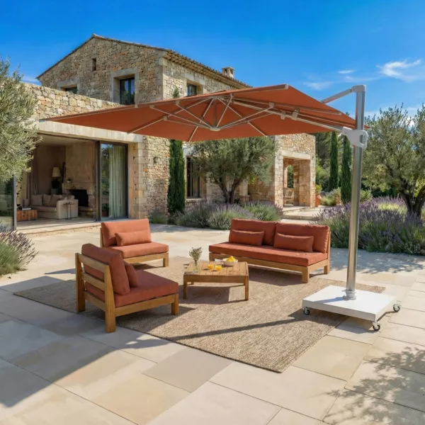 Ombrellone decentrato rettangolare in alluminio con base (3 x 4 m) Elyra Metallico lucido e Terracotta