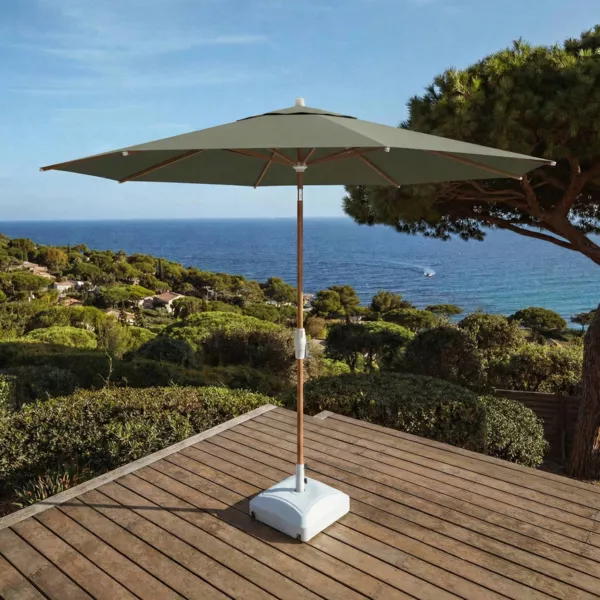 Parasol rond aluminium (D3,3 m) Elyra effet bois et Vert olive