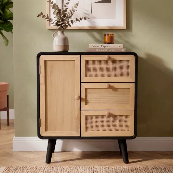 Commode chiffonnier 3 tiroirs bois et cannage (50 x 60 cm) Osaka Noir