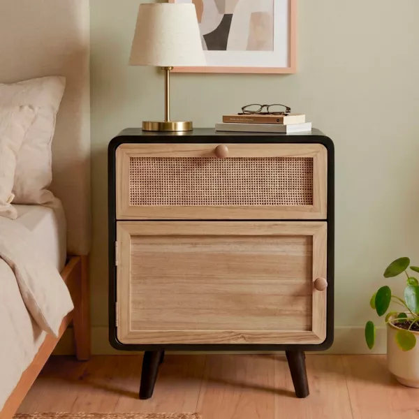 Kommode Schubladenkommode 1 Schublade Holz und Flechtwerk (40 x 55 cm) Osaka Schwarz