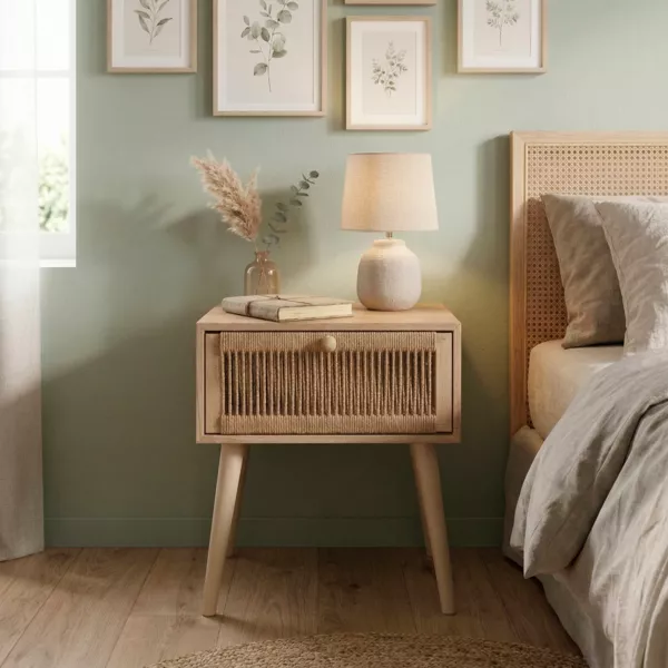 Houten en touw nachtkastje (H58 cm) Manilla lade Beige