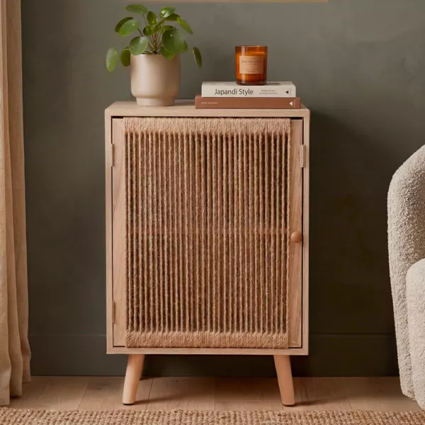 Kommode Schubladenschrank 1 T�r Holz und Hanfseil (40 x 65 cm) Manille Beige