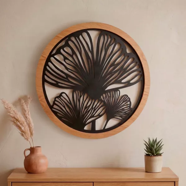 Ronde metalen wanddecoratie (D60 cm) Ginkgo Zwart