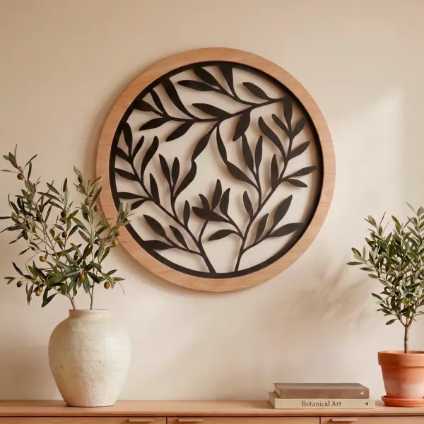 Ronde metalen muurdecoratie (D60 cm) Bladschittering Zwart