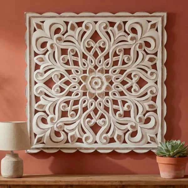 Wanddekoration aus Holz (L80 cm) Mandala Wei� patiniert
