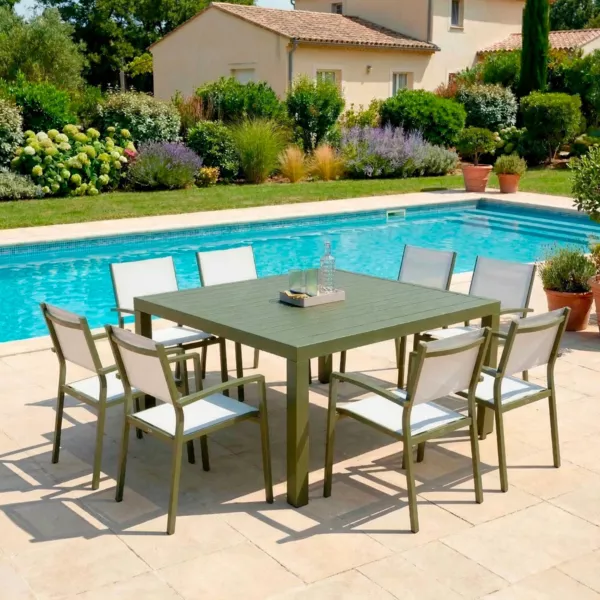 Tavolo da giardino quadrato in alluminio 8 posti (136 x 136 cm) Murano Verde oliva