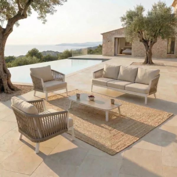 Salon de jardin en aluminium 5 places 4 pcs Amalfi Blanc et beige