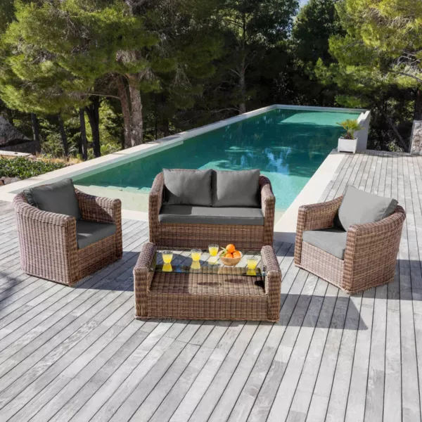 Salon de jardin en r�sine tress�e 4 places 4 pcs Calvi Sepia et gris fonc�