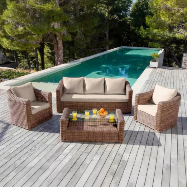 Salon de jardin en r�sine tress�e 5 places 4 pcs Calvi Sepia et taupe