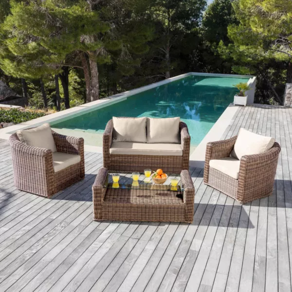 Loungeset van gevlochten hars 4 zitplaatsen 4 delig Calvi Sepia en Taupe