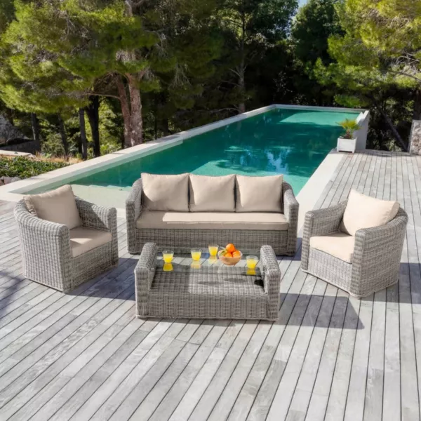 Salon de jardin en r�sine tress�e 5 places 4 pcs Calvi Gris et taupe