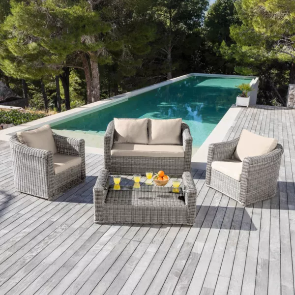 Salon de jardin en r�sine tress�e 4 places 4 pcs Calvi Gris et taupe