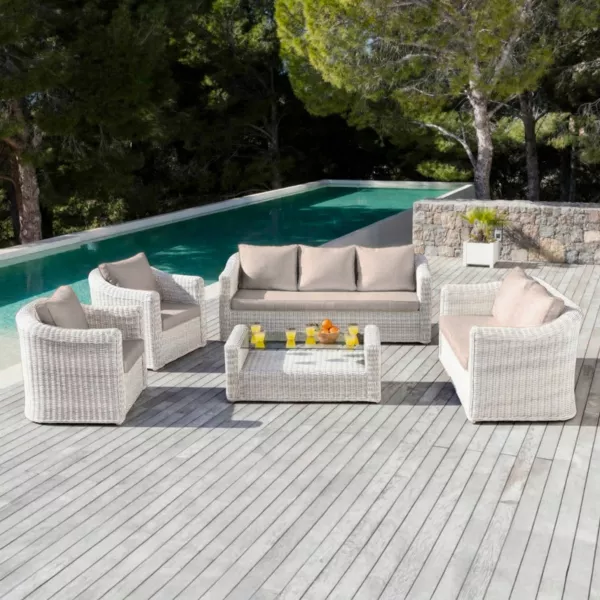 Salotto da giardino in resina intrecciata 7 posti 5 pezzi Calvi Bianco e tortora