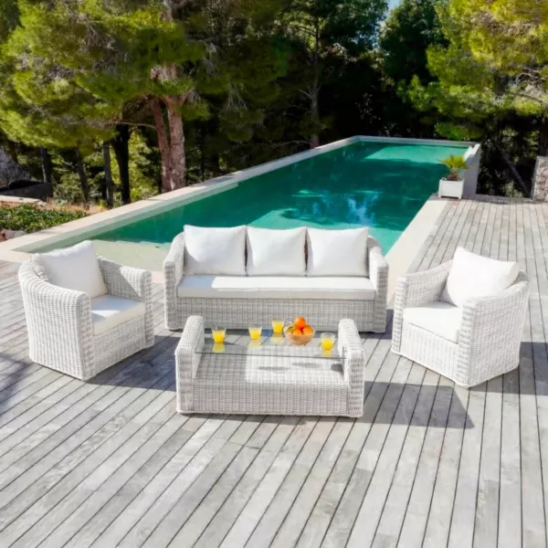 Salon de jardin en r�sine tress�e 5 places 4 pcs Calvi Blanc