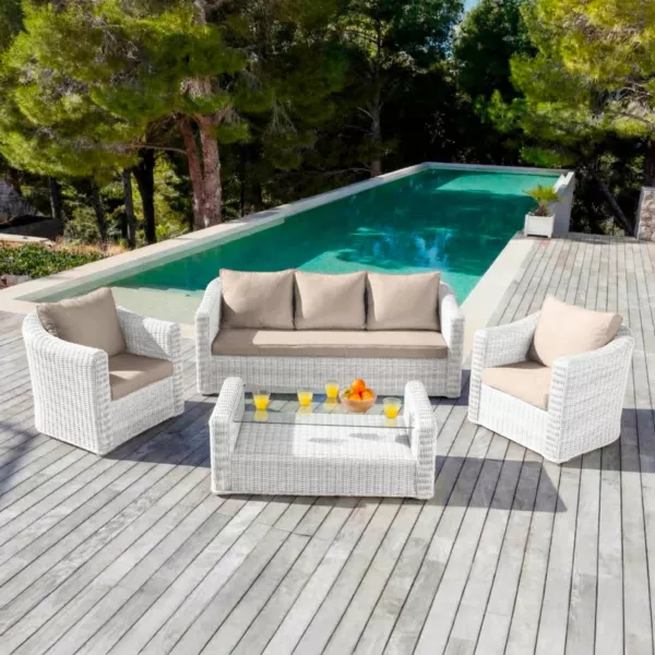 Loungeset van gevlochten hars 5 zitplaatsen 4 delig Calvi Wit en Taupe