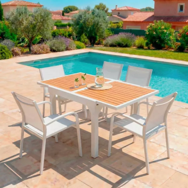 Table de jardin extensible en aluminium 8 places (90/180 x 90 cm) Murano Blanc et effet bois