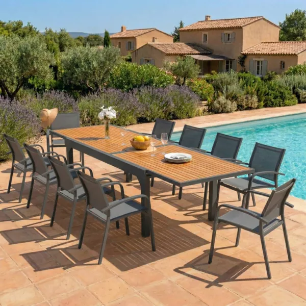 Gartentisch ausziehbar Murano Aluminium mit Holz-Optik (bis zu 10 Pers.) - Anthrazitgrau