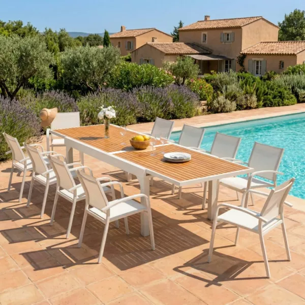 Tavolo da giardino allungabile 10 posti Alluminio effetto legno Murano (270 x 90 cm) Bianco