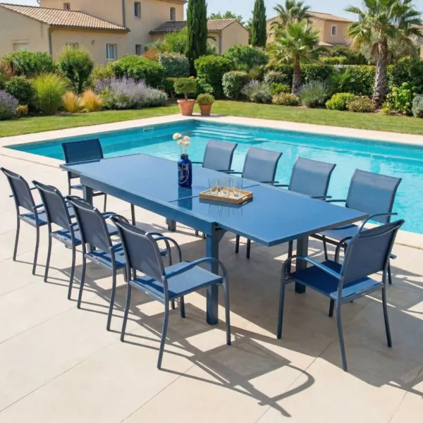 Table de jardin extensible en verre 12 places (200/320 x 100 cm) Murano Bleu p�trole