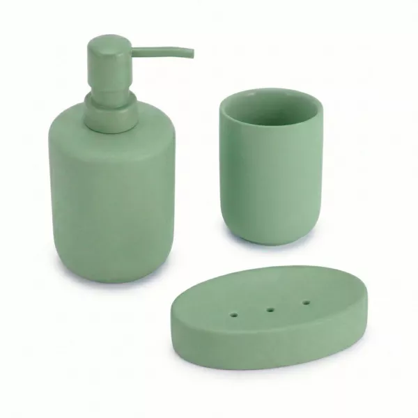 Set de vaso, dispensador y jabonera de gres Timeless Azul claro