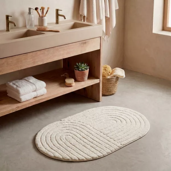 Tapis de bain ovale coton tuft� (50 x 80 cm) Boho-chic Beige gr�ge