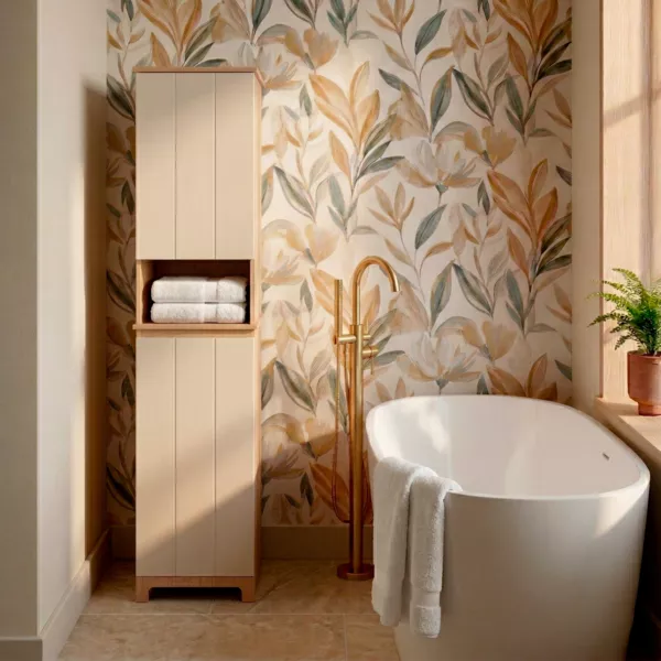 Mobile colonna bagno con cesto per biancheria integrato in legno (173 x 38 cm) Rivoli Naturale