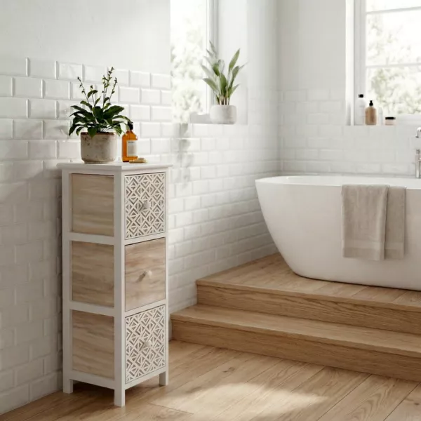 Kleines Badezimmerm�bel mit 3 Schubladen aus Paulownia-Holz (77 x 25 cm) Boh�me Wei�