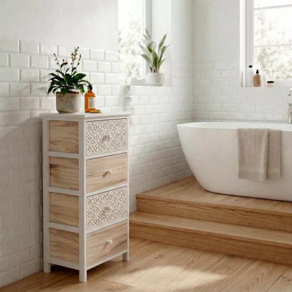 Petit meuble salle de bain 4 tiroirs bois de paulownia (86 x 37 cm) Boh�me Blanc 