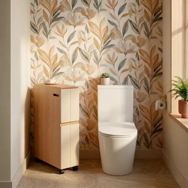 Multifunctioneel meubel met toiletrolhouder, 2 laden en wieltjes Rivoli Naturel