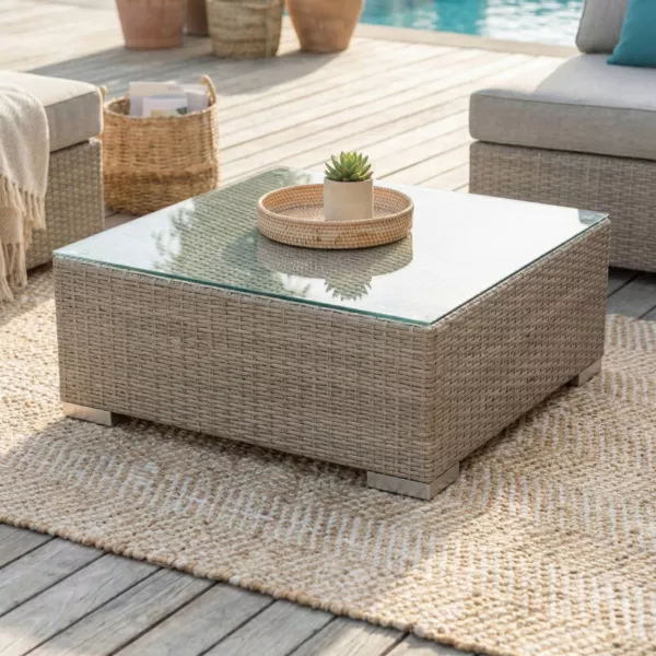 Table basse de jardin carr�e en r�sine tress�e Palma Gris