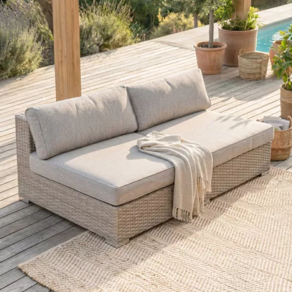 Tuinstoel zonder armleuningen 2 zitplaatsen van gevlochten hars Palma Grijs en taupe