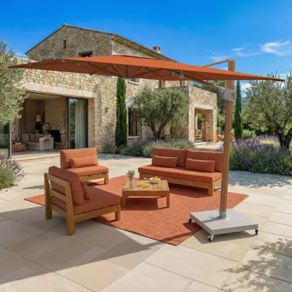 Ombrellone decentrato quadrato in alluminio con base (3 x 3 m) Elyra effetto legno e Terracotta