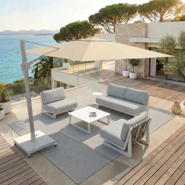 Ombrellone decentrato quadrato in alluminio con base (3 x 3 m) Elyra Bianco e Beige