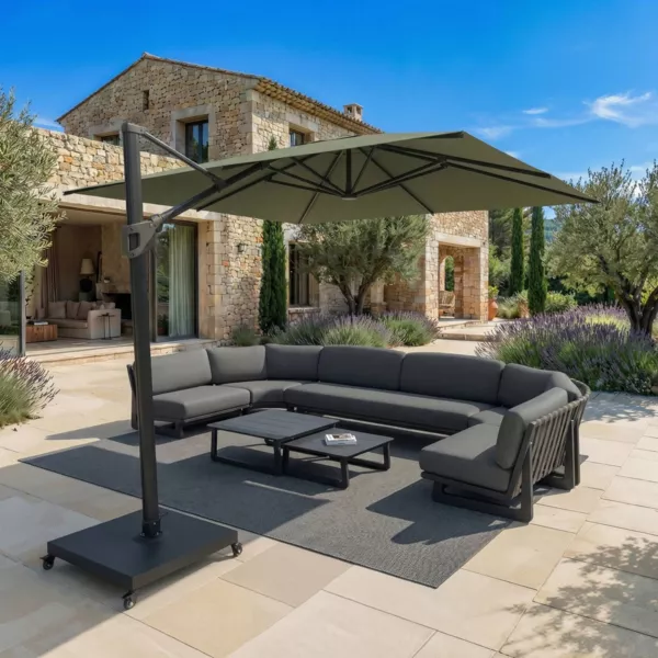 Ombrellone decentrato quadrato in alluminio con base (3 x 3 m) Elyra Antracite e Verde oliva