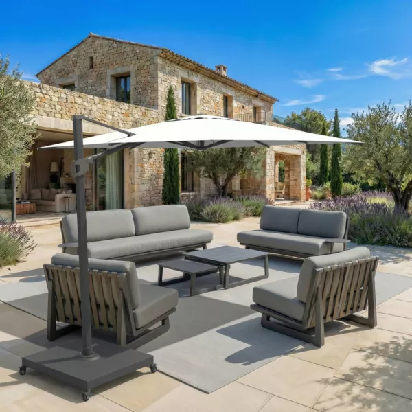 Parasol d�port� rectangulaire aluminium avec socle (3 x 4 m) Elyra Anthracite et Blanc