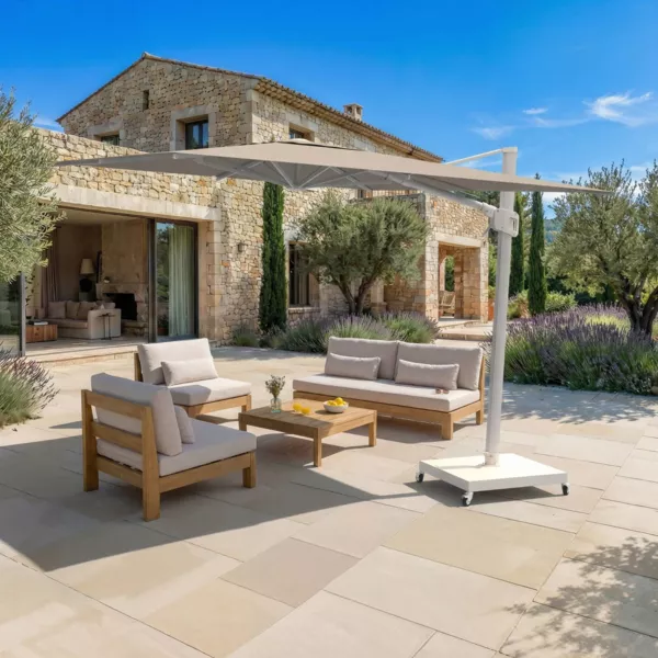 Parasol d�port� rectangulaire aluminium avec socle (3 x 4 m) Elyra Blanc et Taupe