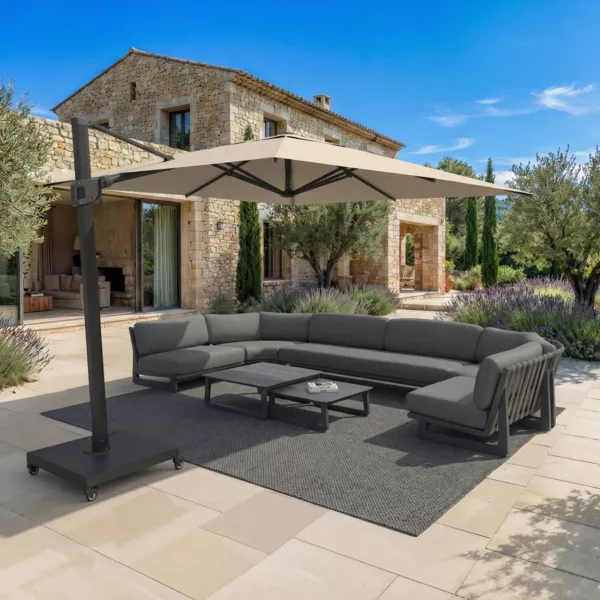 Ombrellone decentrato quadrato in alluminio con base (3 x 3 m) Elyra Antracite e Beige