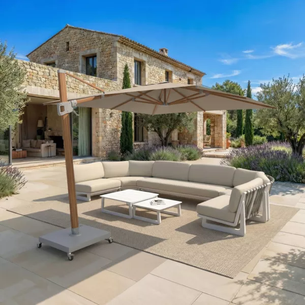 Parasol d�port� carr� aluminium avec socle (3 x 3 m) Elyra effet bois et Taupe