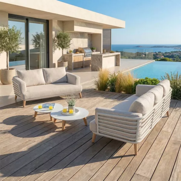 Salon de jardin aluminium 5 places 4 pcs Monte Carlo Blanc et taupe