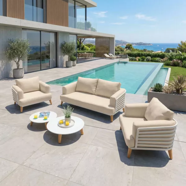 Salotto da giardino alluminio 4 posti 5 pezzi Monte Carlo Bianco e beige