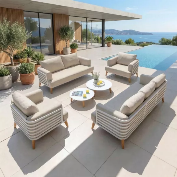 Salon de jardin aluminium 7 places 6 pcs Monte Carlo Blanc et taupe