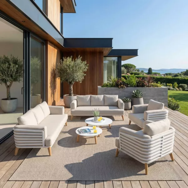 Salon de jardin aluminium 8 places 6 pcs Monte Carlo Blanc et taupe