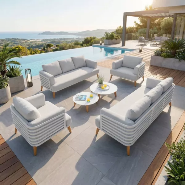 Salon de jardin aluminium 8 places 6 pcs Monte Carlo Blanc et gris clair