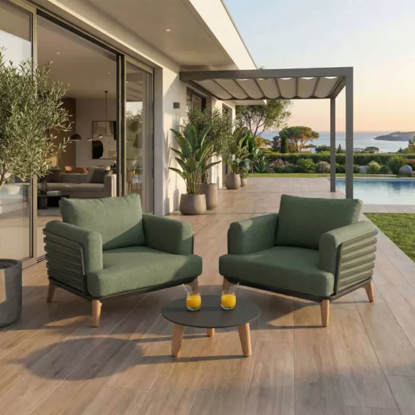 Salon de jardin aluminium 2 places 3 pcs Monte Carlo Gris anthracite et vert romarin