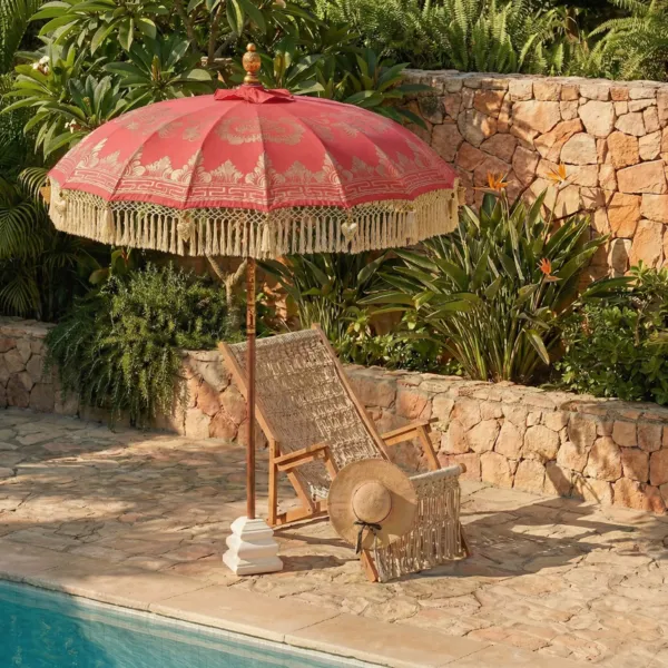 Parasol de jardin rond � franges (D2 m) Jaipur Rouge et dorure