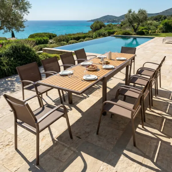 Uitbreidbare tuinset van aluminium voor 10 personen (135/270 x 90 cm) Murano Brons en houtlook