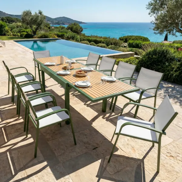 Table de jardin extensible en aluminium 10 places (135/270 x 90 cm) Murano Vert et effet bois