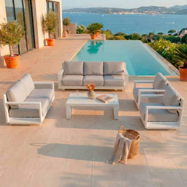 Salotto da giardino alluminio 7 posti 5 pezzi Elba Bianco e grigio chiaro