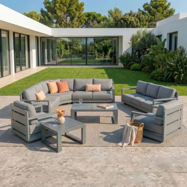 Salon de jardin d'angle aluminium 10 places Elba Gris anthracite